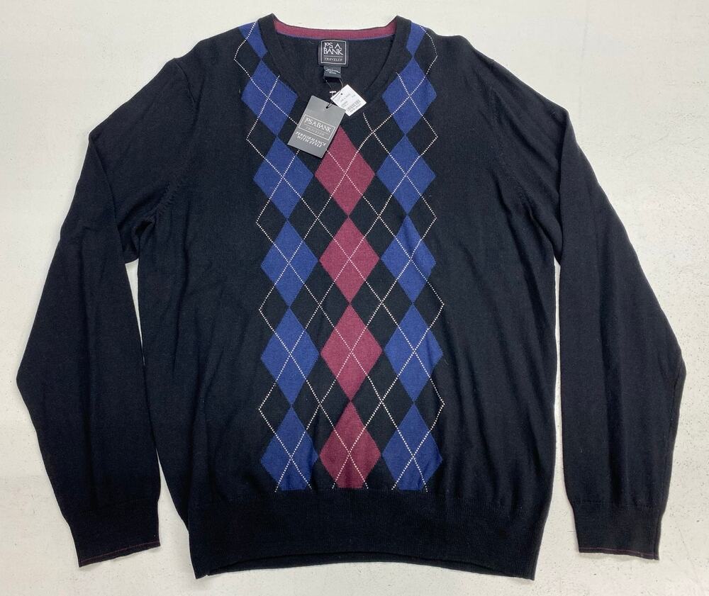 NEW Men Jos. A. Bank Traveler v-neck argyle merino wool pullover sweater, L